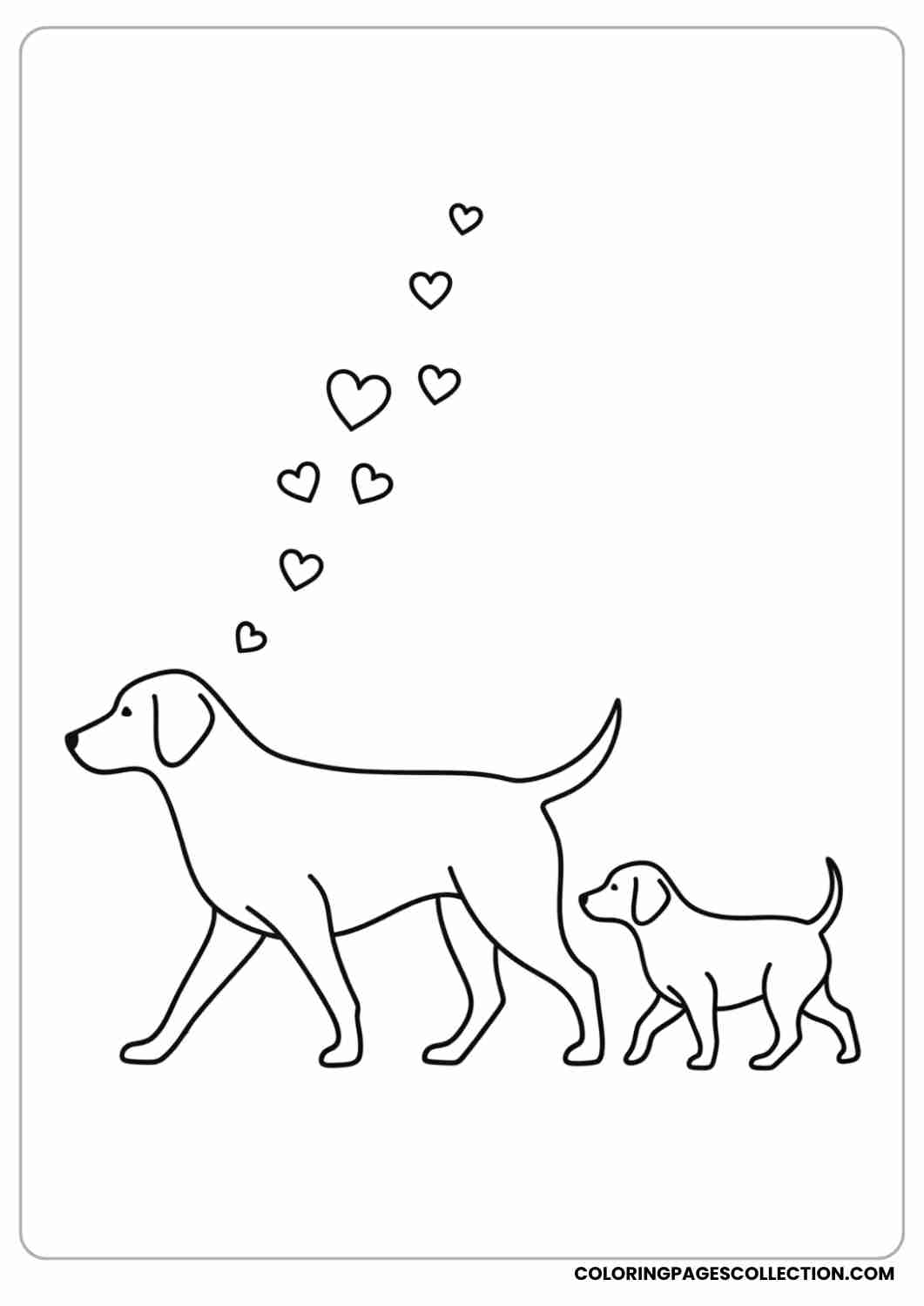 Dog and puppy walking side by side with little hearts floating above, thin stroke