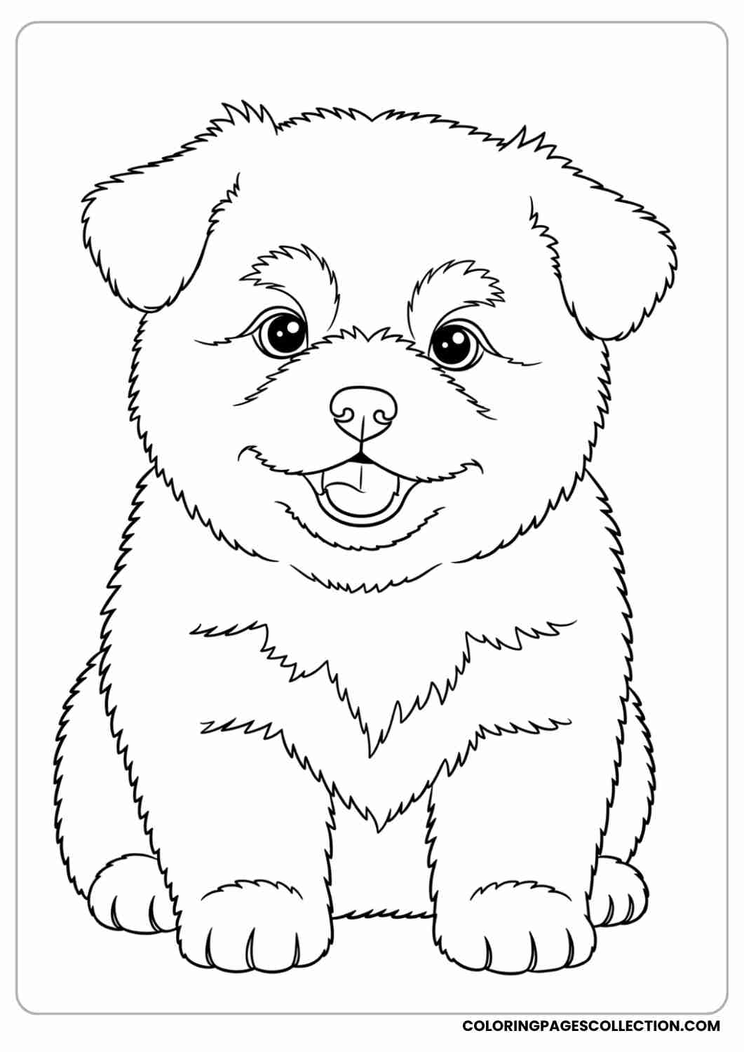 Fluffy puppy sitting with a soft round body and puffy fur, smiling with big eyes, thin stroke