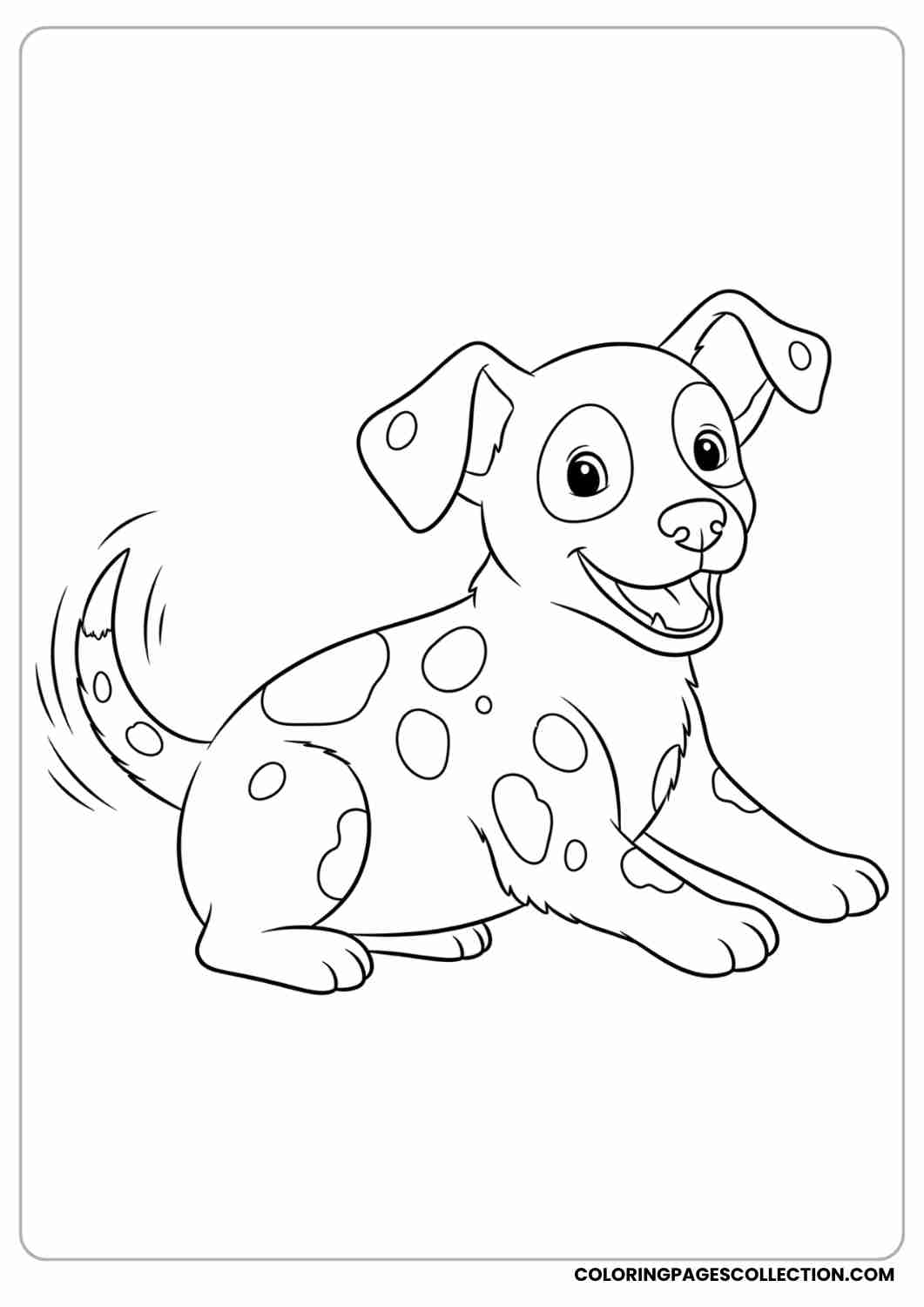 Spotted puppy with round patches and a wagging tail, sitting playfully, thin stroke