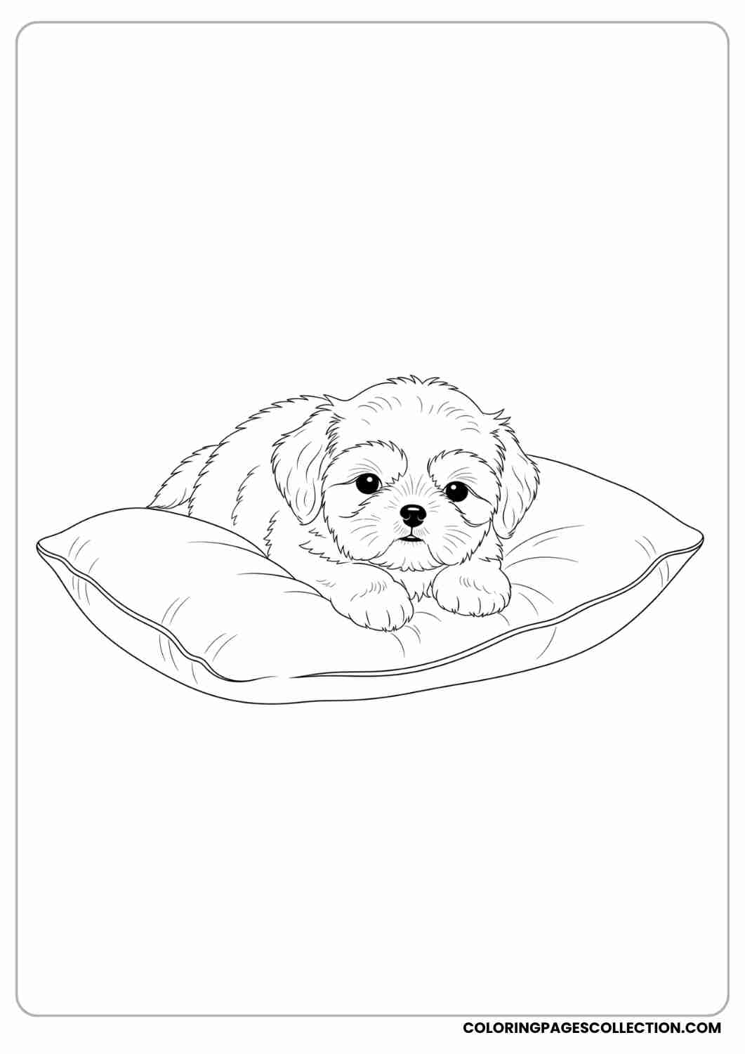 Yorkie-style puppy with long hair and a ribbon on top, sitting neatly, thin stroke