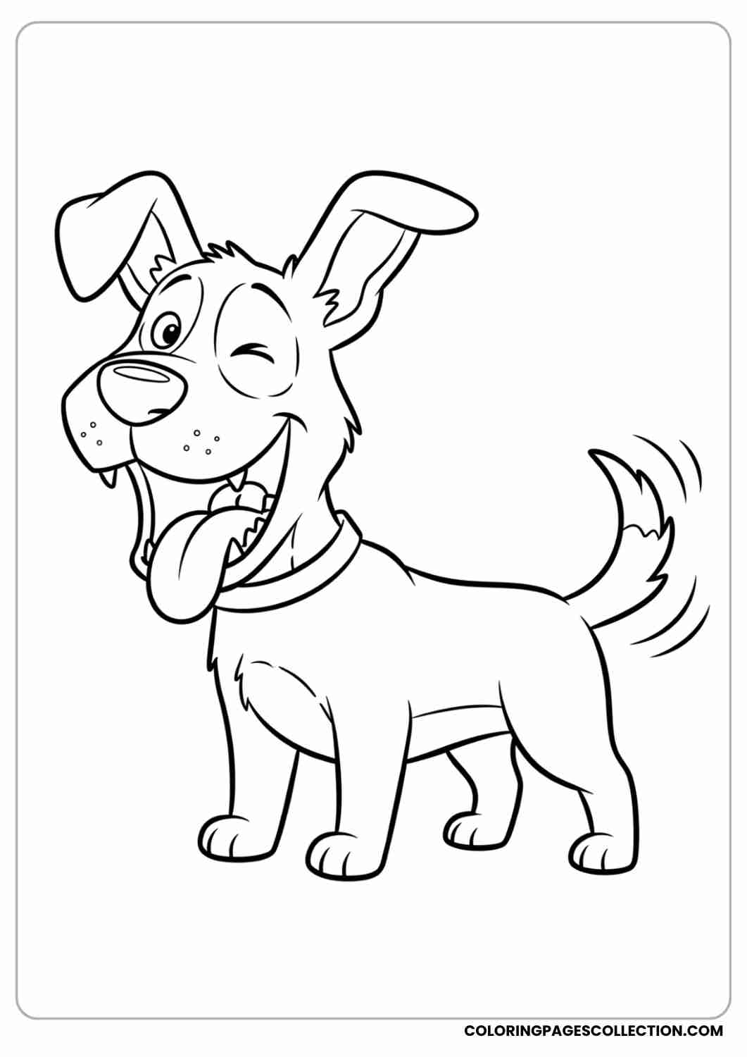 Mixed-breed cartoon puppy with one ear up, one ear down, goofy grin and wagging tail, thin stroke