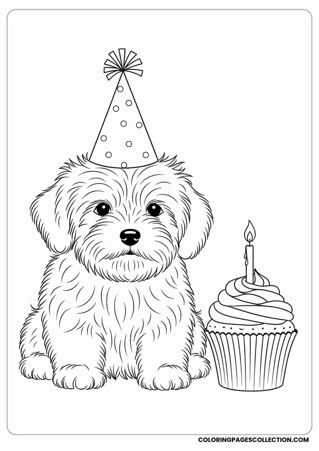 Fluffy puppy wearing a birthday hat, sitting next to a cupcake with one candle, thin stroke