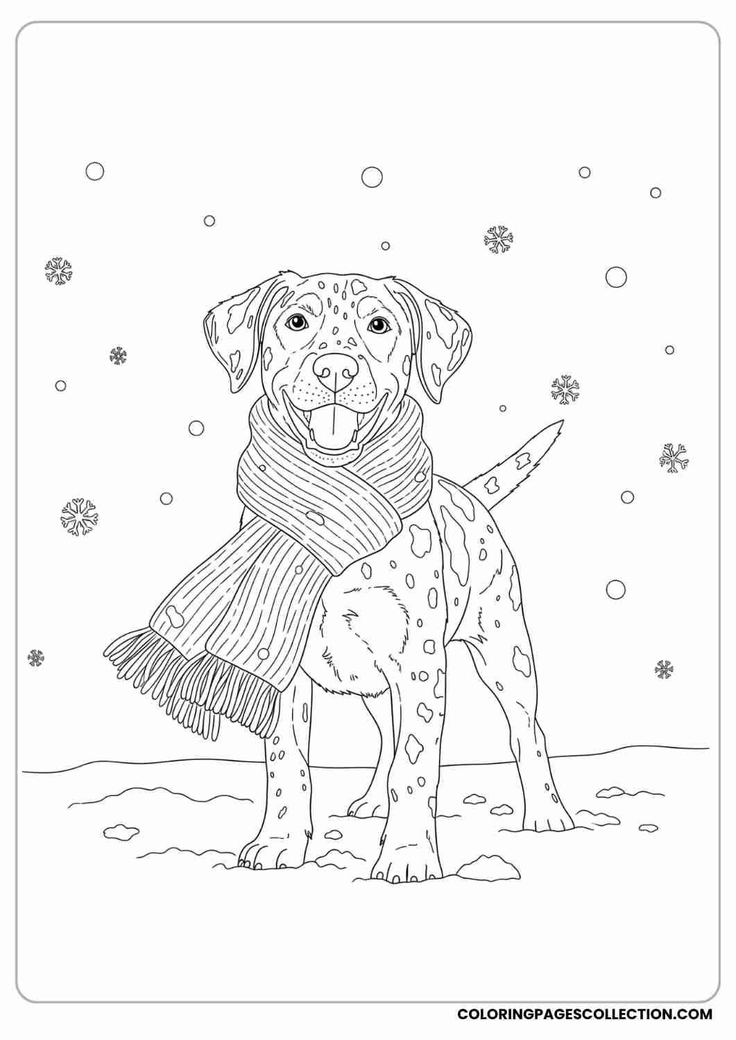 Spotted puppy wrapped in a cozy scarf, standing in falling snow with a smile, thin stroke