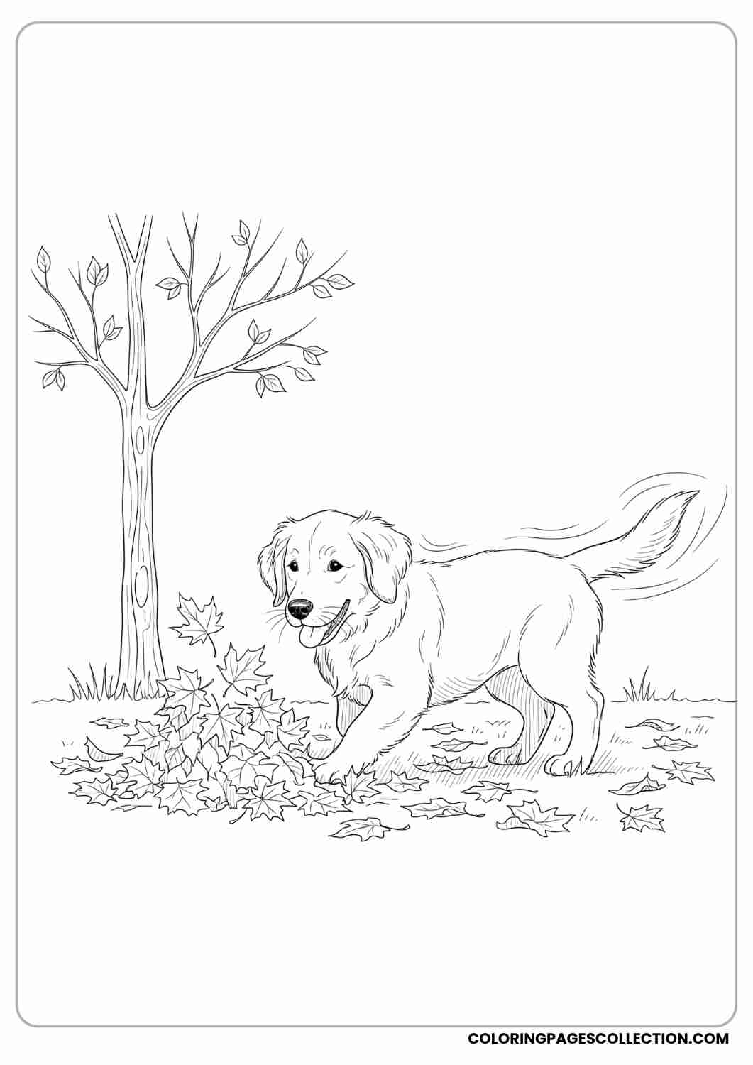 Golden retriever puppy playing with autumn leaves, tail wagging, simple tree in background, thin stroke