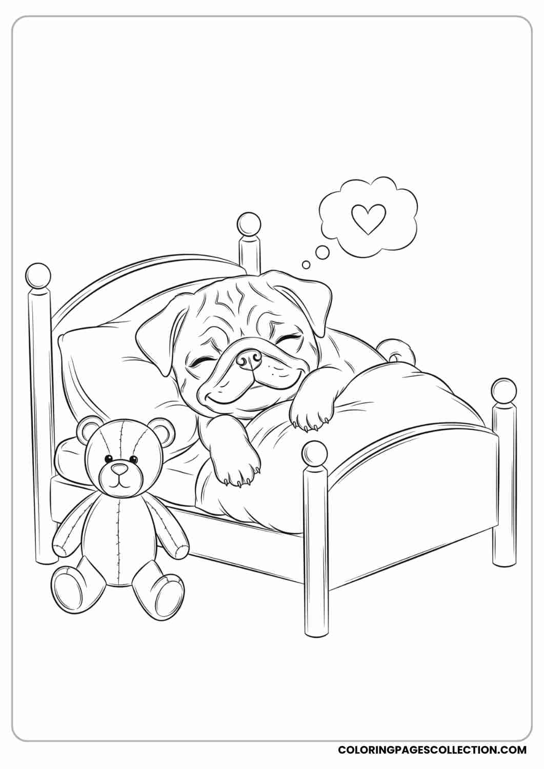 Pug puppy tucked into a tiny bed with a teddy bear, dreaming with a smile, thin stroke