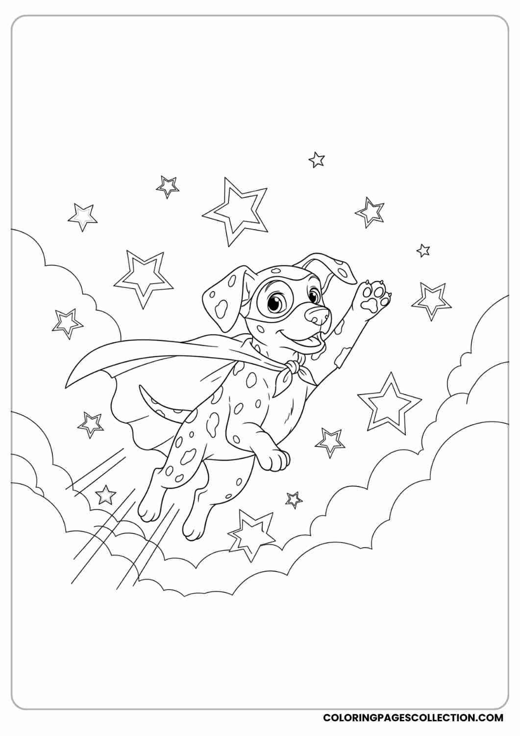 Dalmatian puppy in a superhero cape, flying with one paw up and cartoon stars around, thin stroke