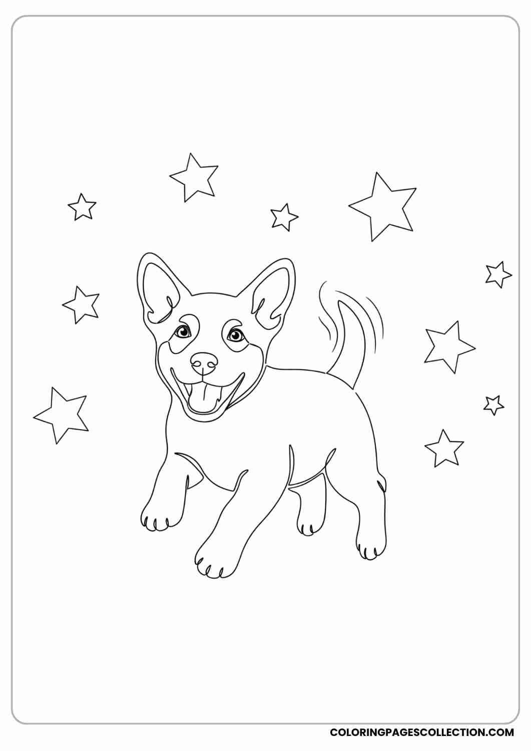 Happy puppy jumping in the air with simple stars around, short tail wagging, thin stroke