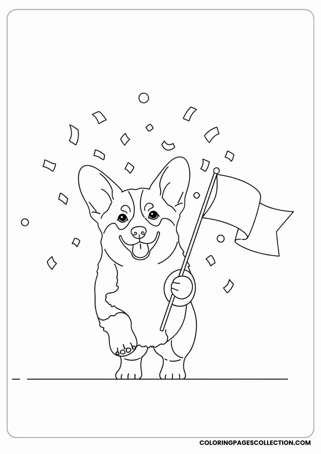 Corgi puppy holding a mini flag at a parade, smiling proudly with confetti in the air, thin stroke