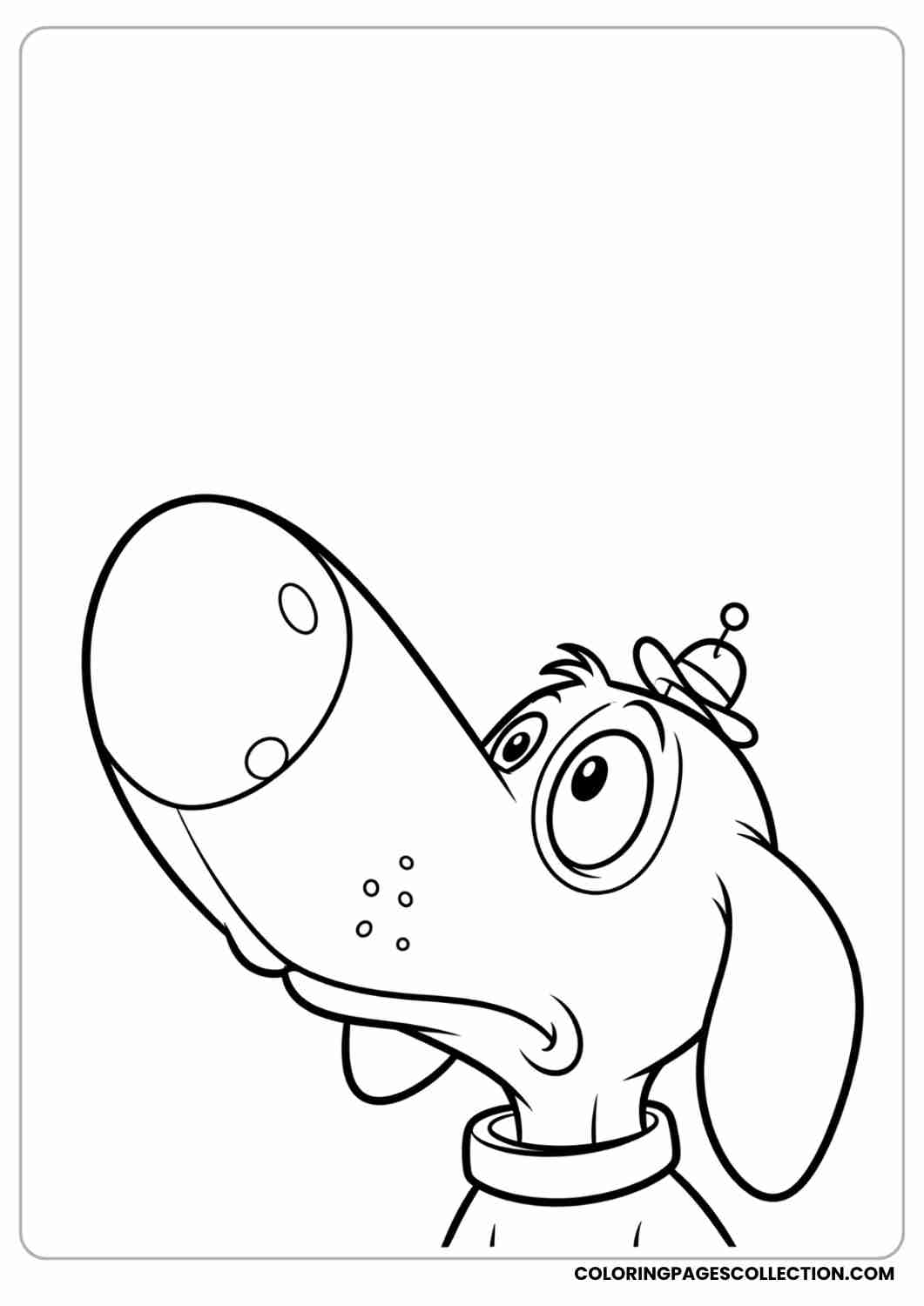 Cartoon puppy with a big nose and tiny hat, looking up curiously, thin stroke