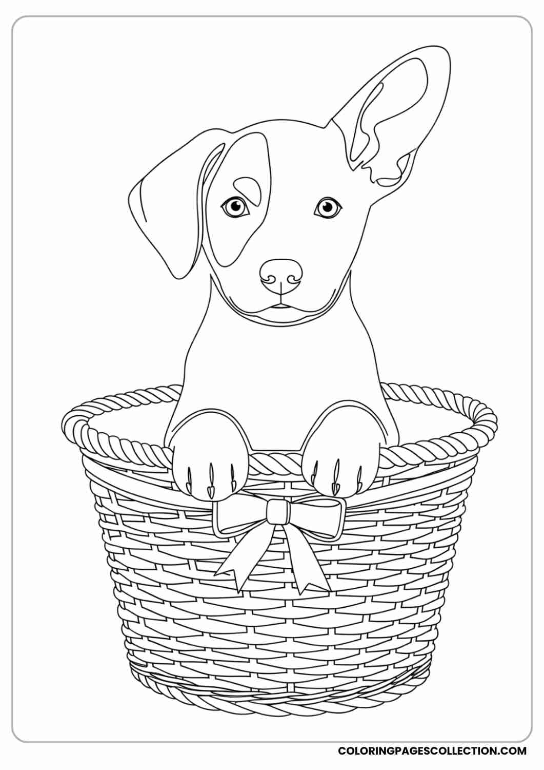 Puppy with one floppy ear, sitting inside a basket with a bow, thin stroke