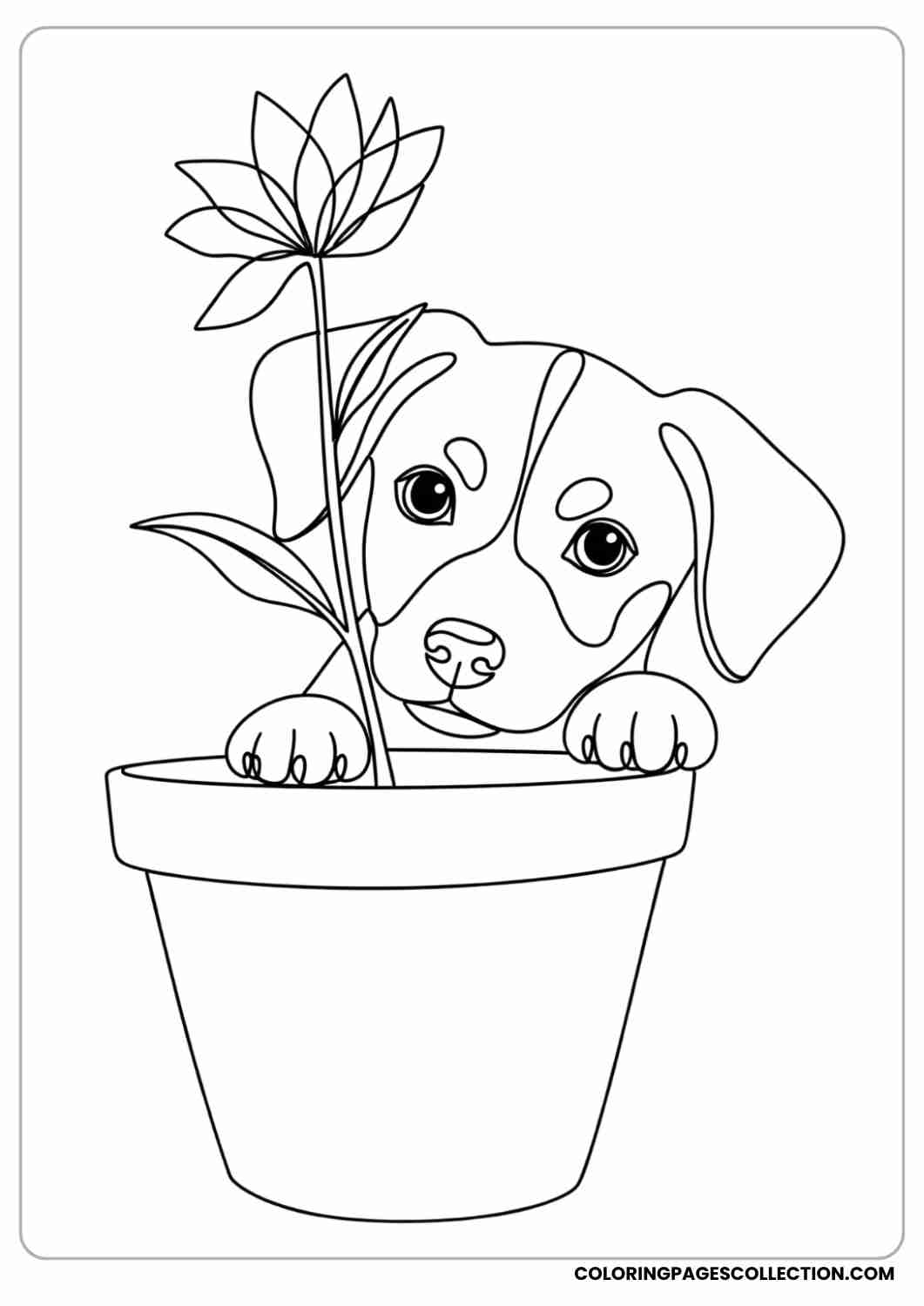 Simple puppy peeking out from behind a flowerpot, big eyes, thin stroke