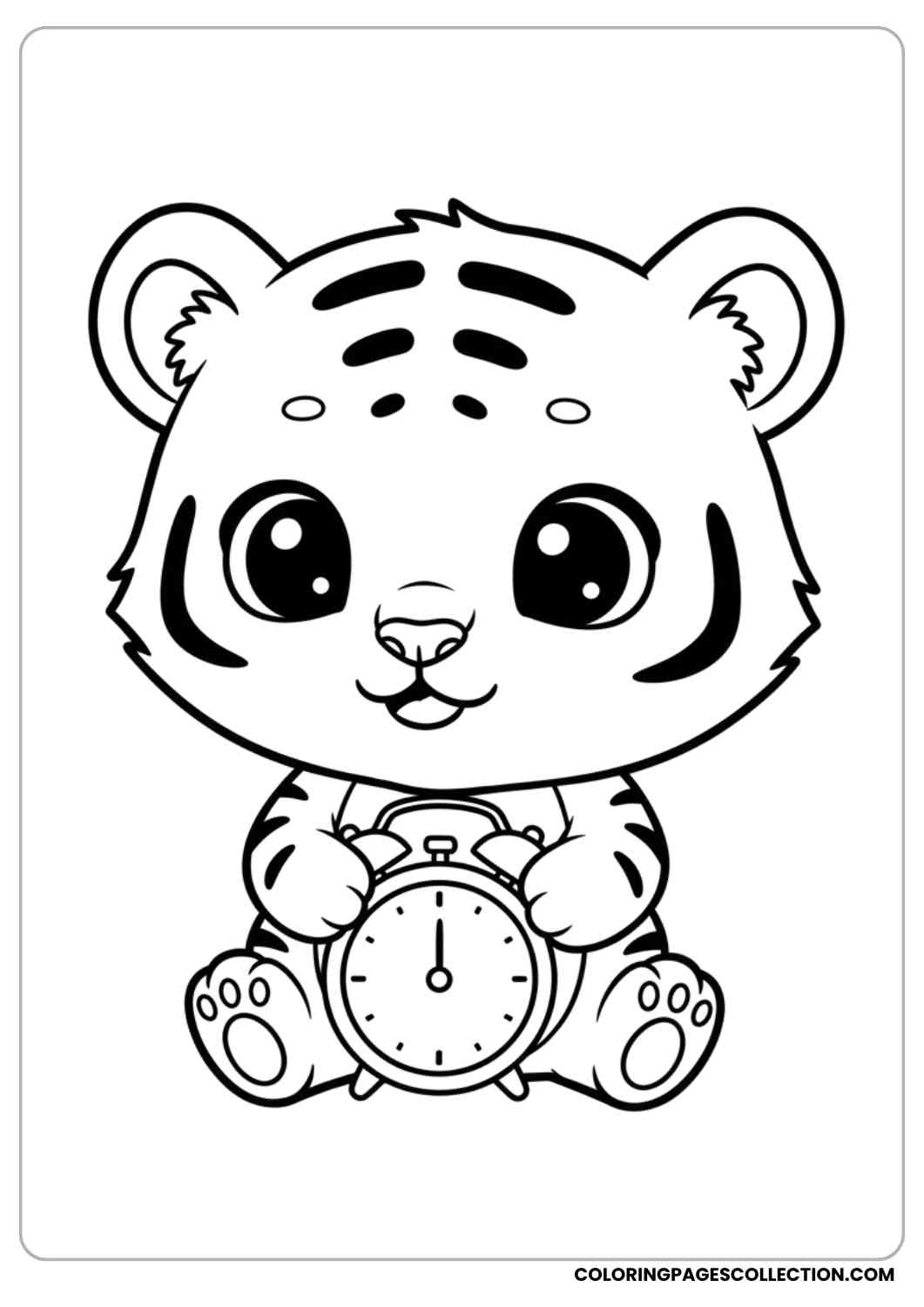 Chibi Tiger Holding a Clock Coloring Sheet