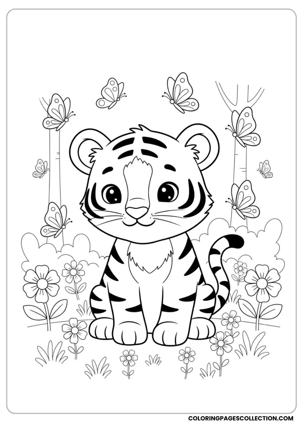 Cute Sitting Tiger with Butterflies Coloring Page