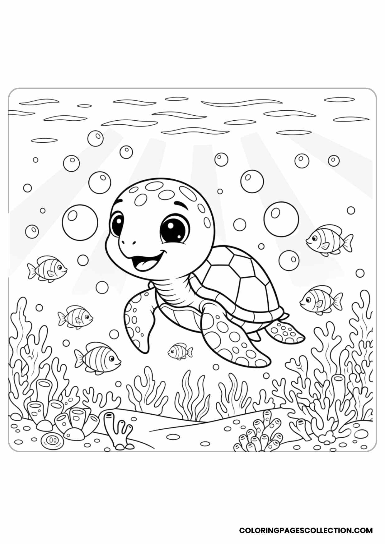 Cute Turtle with Coral and Fish