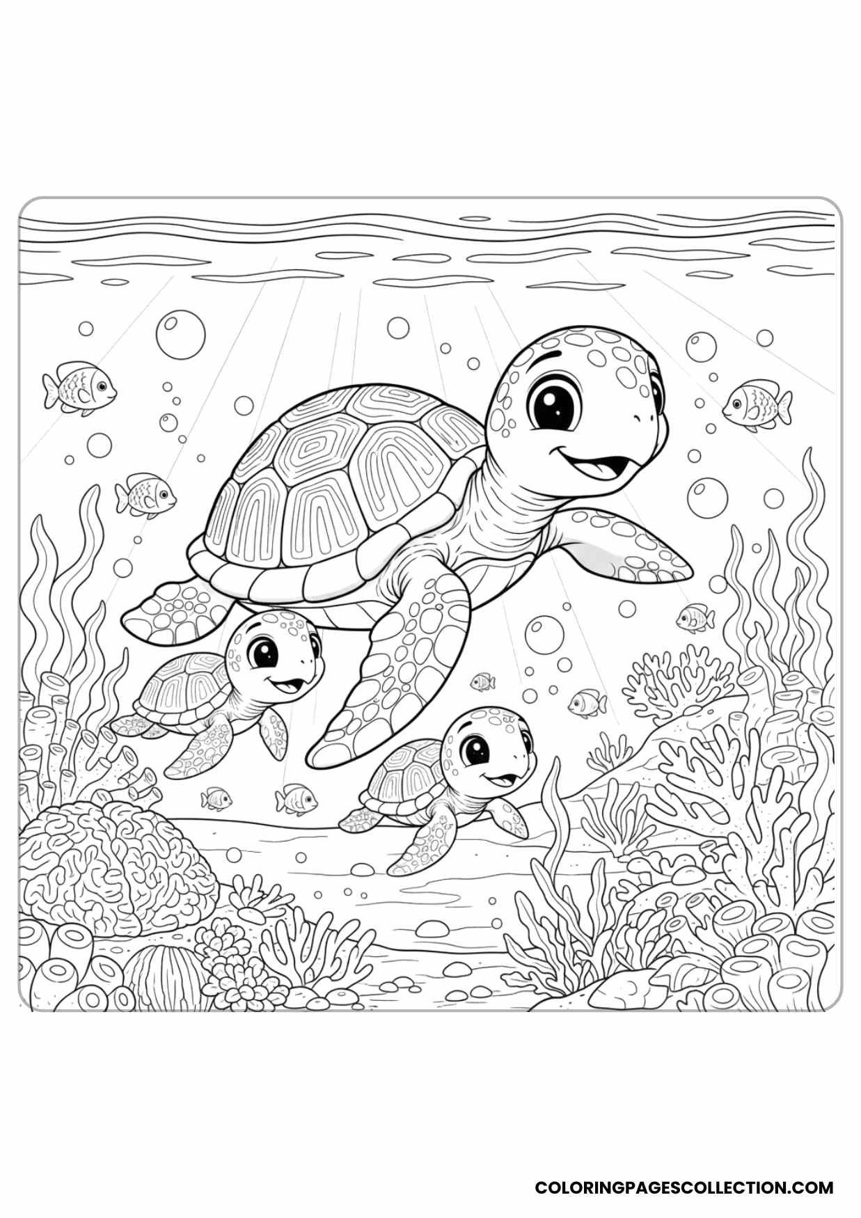 Turtle Family in Water Scene