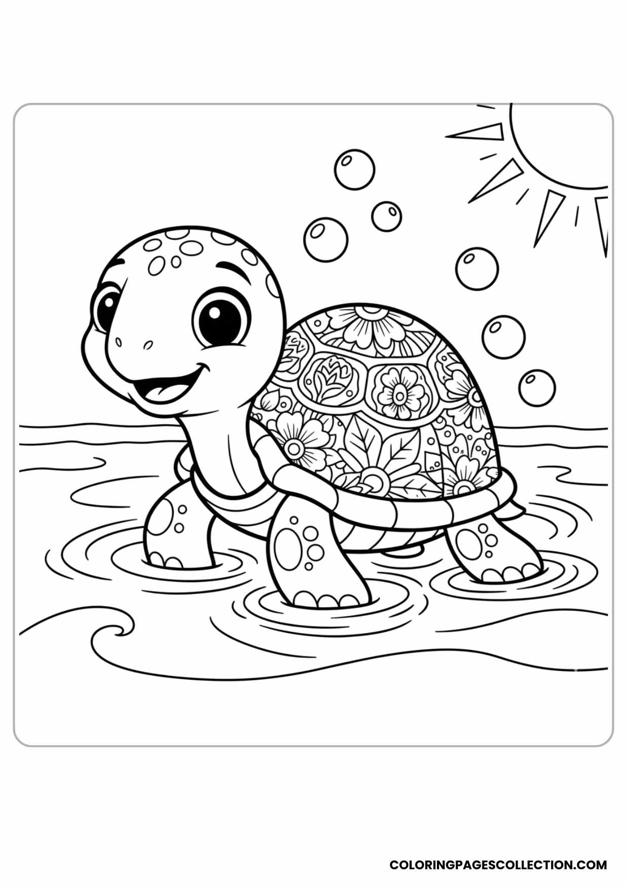 Cartoon Turtle with Flowers and Waves