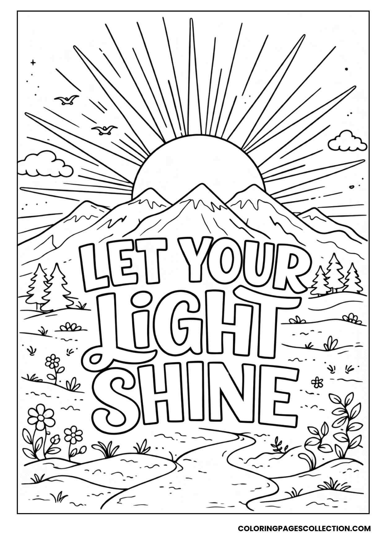 mountain sunrise let your light shine coloring sheet