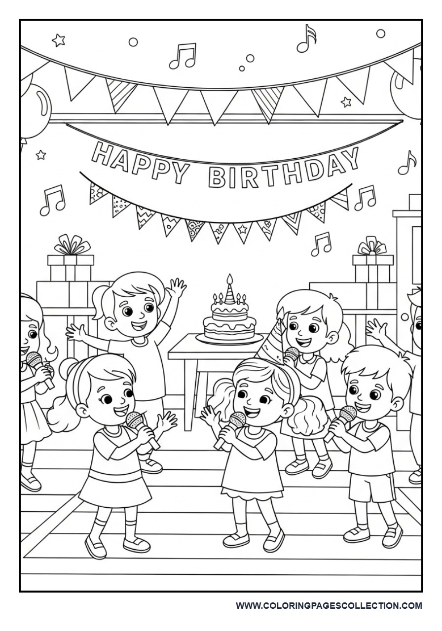 Birthday Music Party Coloring Page