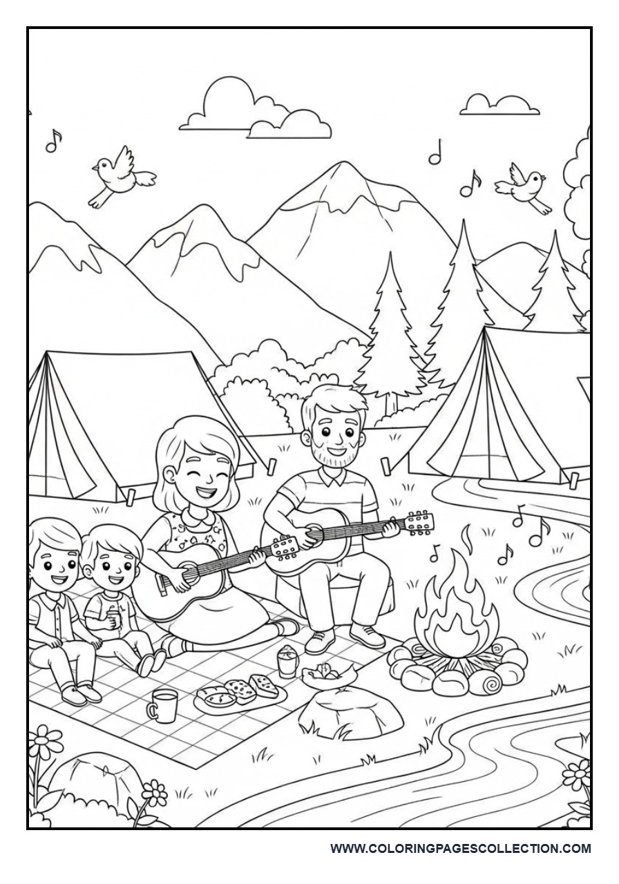 Camping Music Picnic Coloring Page