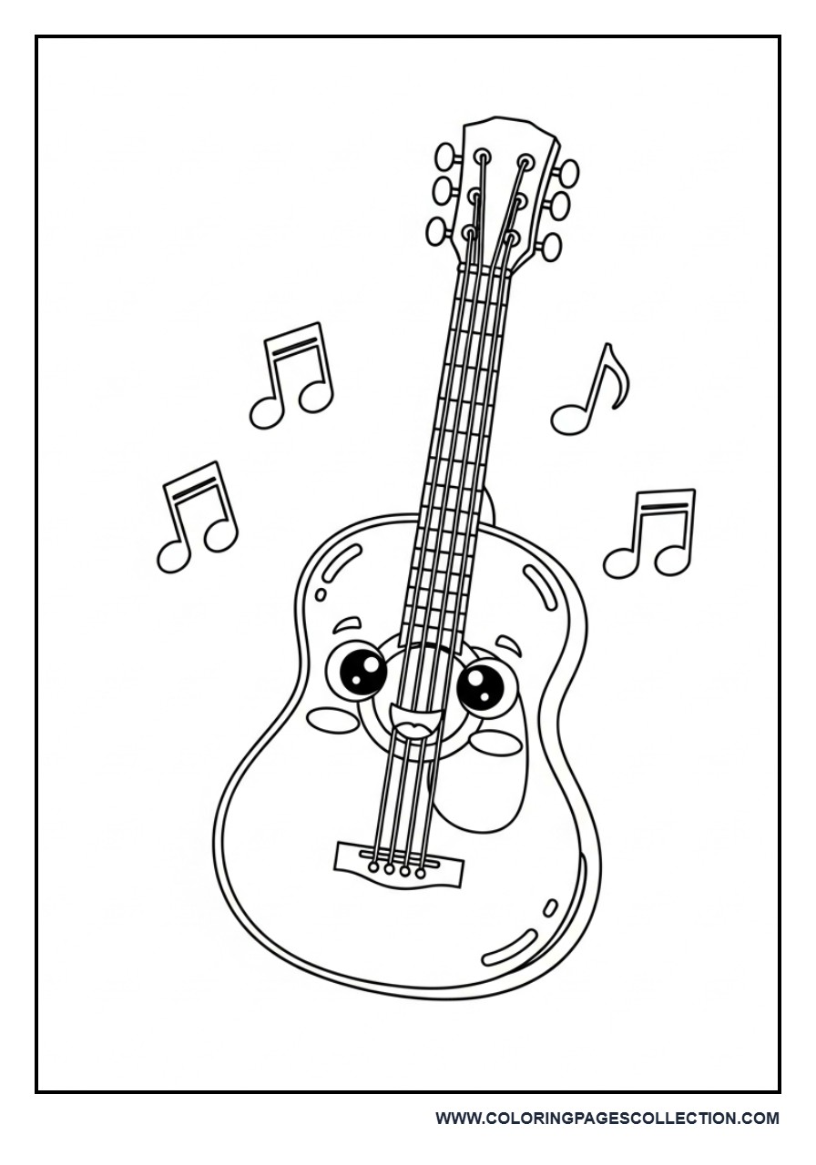 Cute Acoustic Guitar Coloring Page