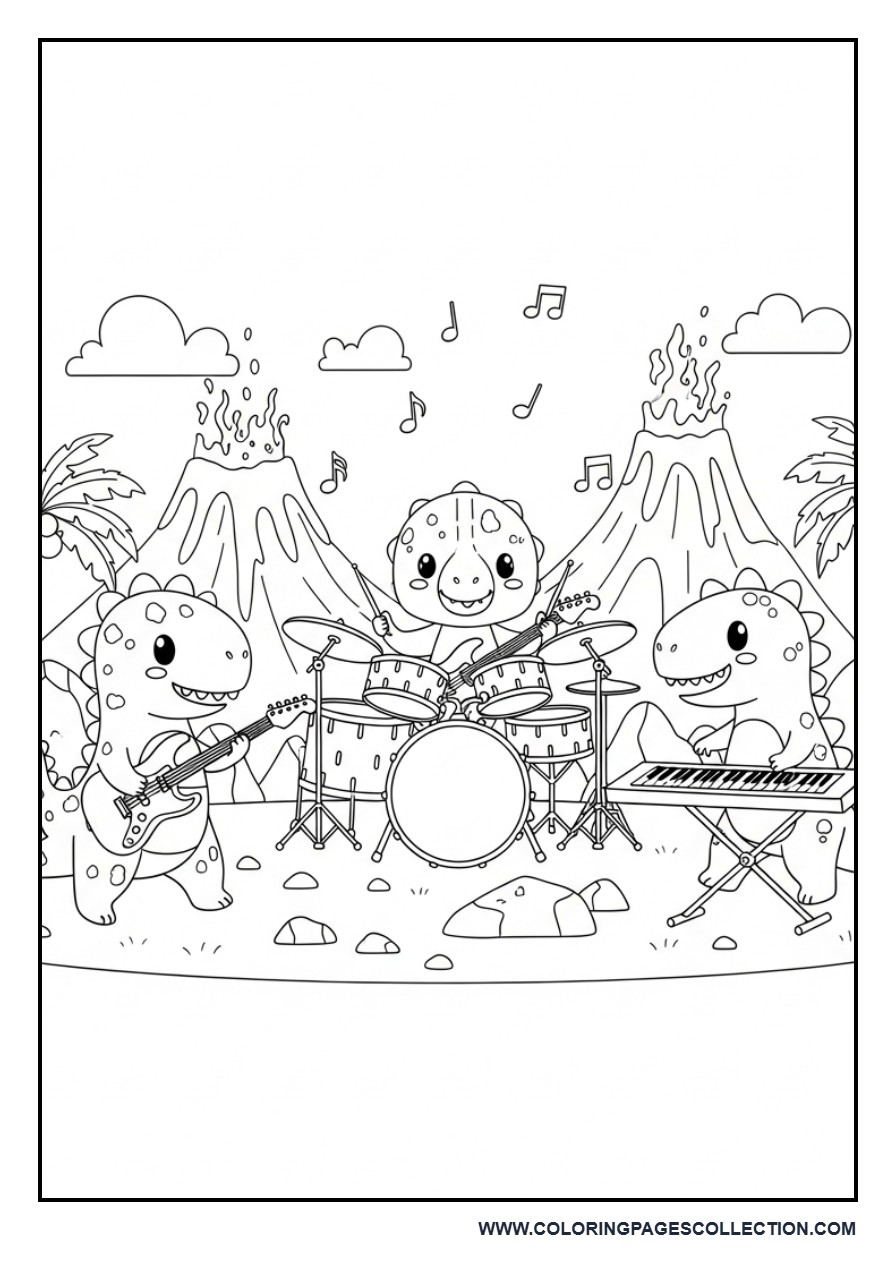 Dinosaur Rock Band Coloring Page