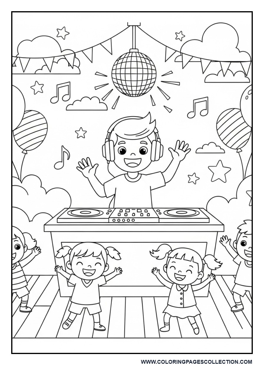 DJ Music Party Coloring Page