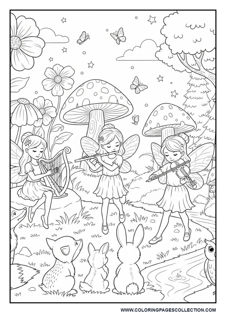 Fairy Forest Music Concert Coloring Page