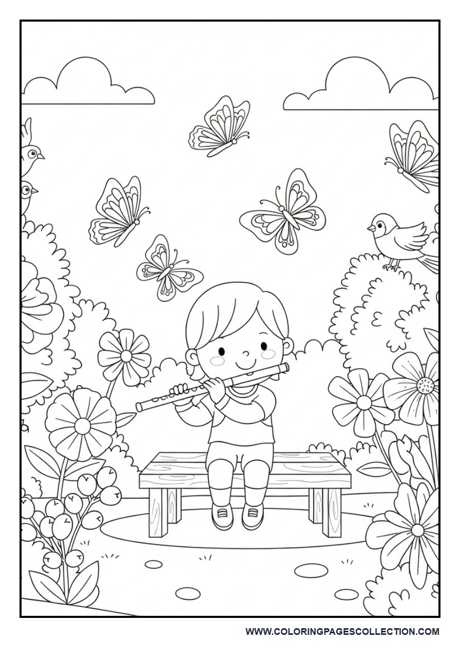 Flute Player in a Flower Garden Coloring Page