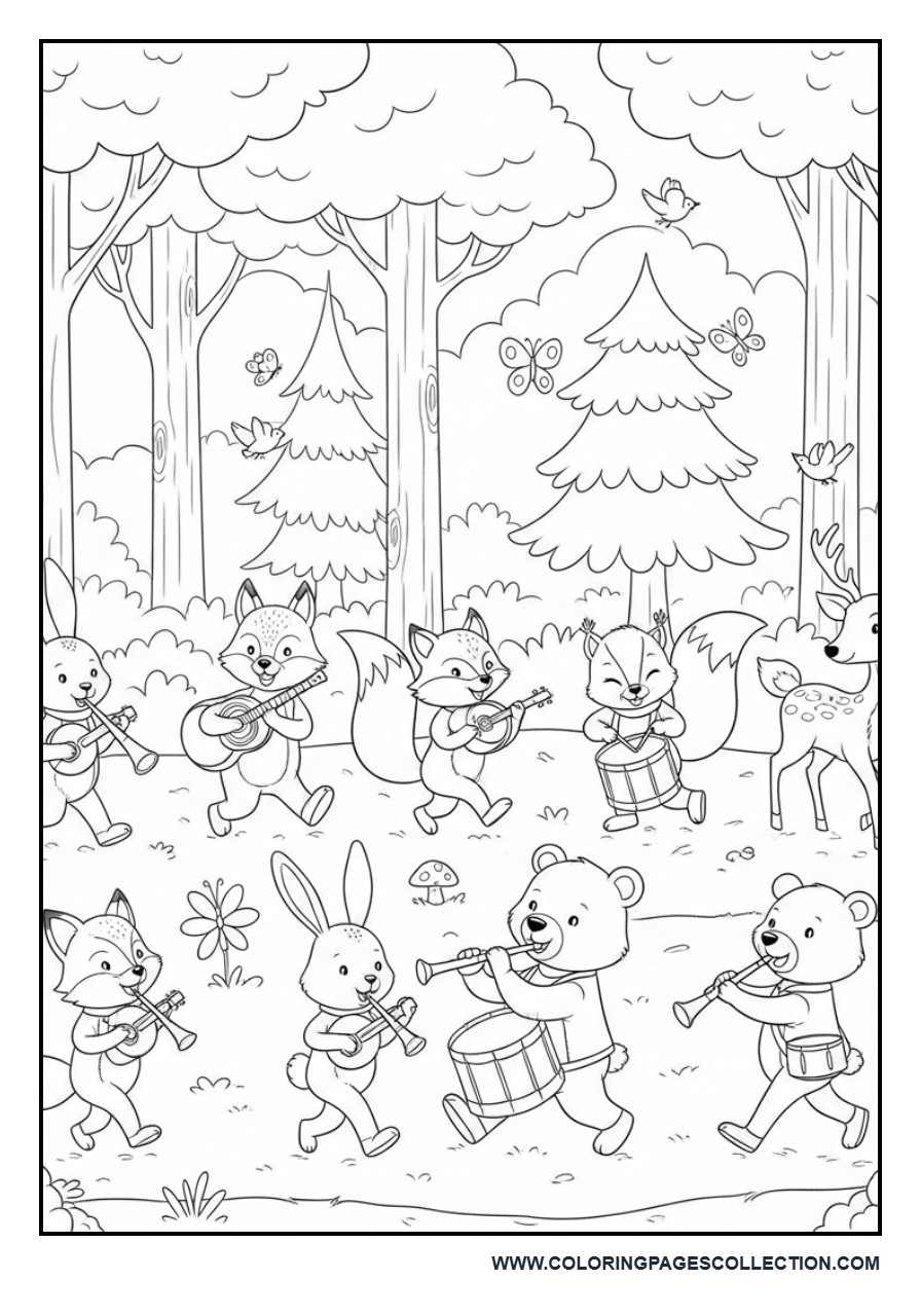 Forest Animal Music Parade Coloring Page