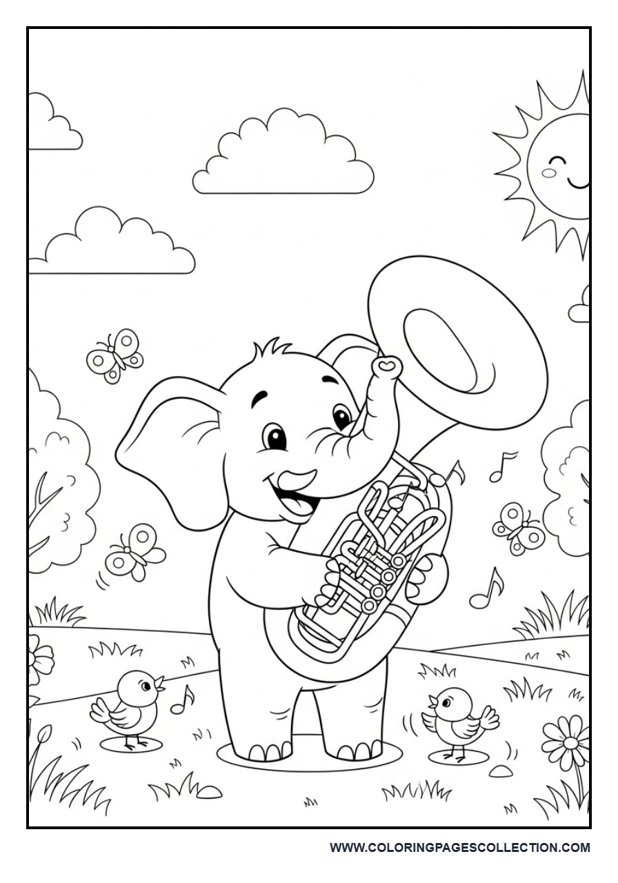 Friendly Elephant Playing the Tuba Coloring Page