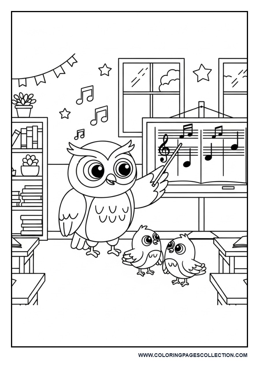 Friendly Owl Music Teacher Coloring Page