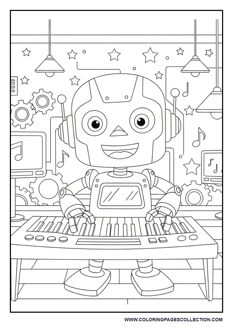 Friendly Robot Playing Keyboard Coloring Page