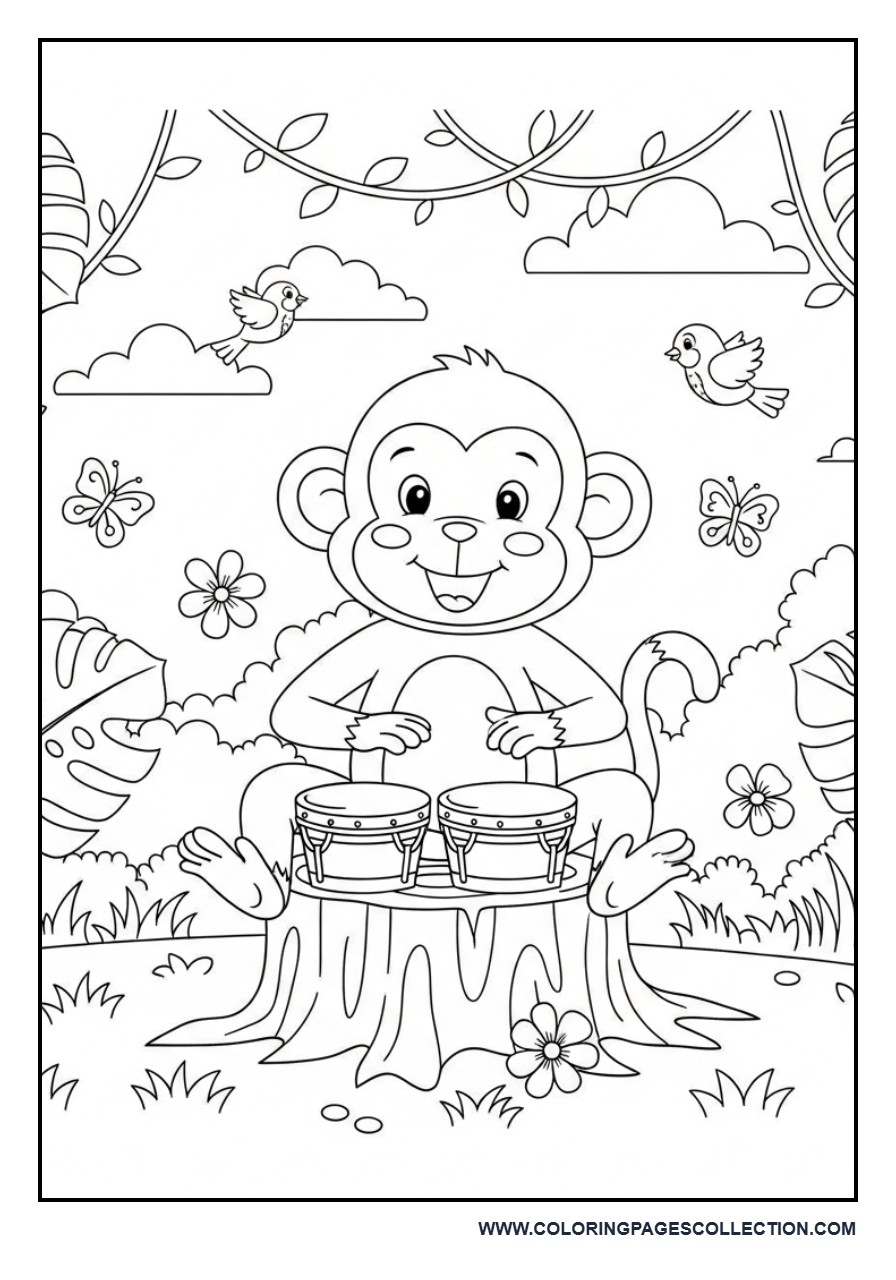 Happy Monkey Playing Bongos Coloring Page
