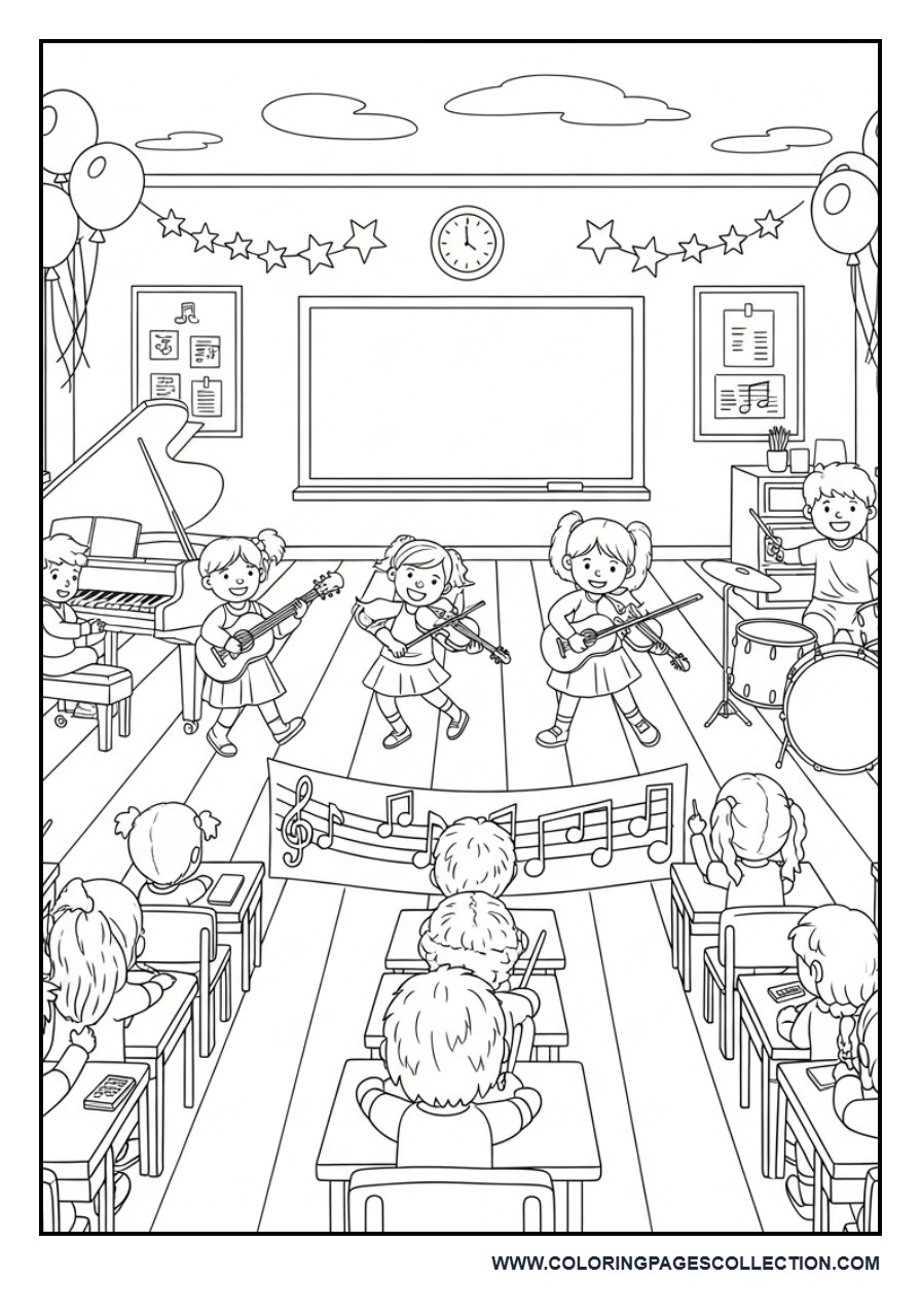 Happy Music Classroom Talent Show Coloring Page