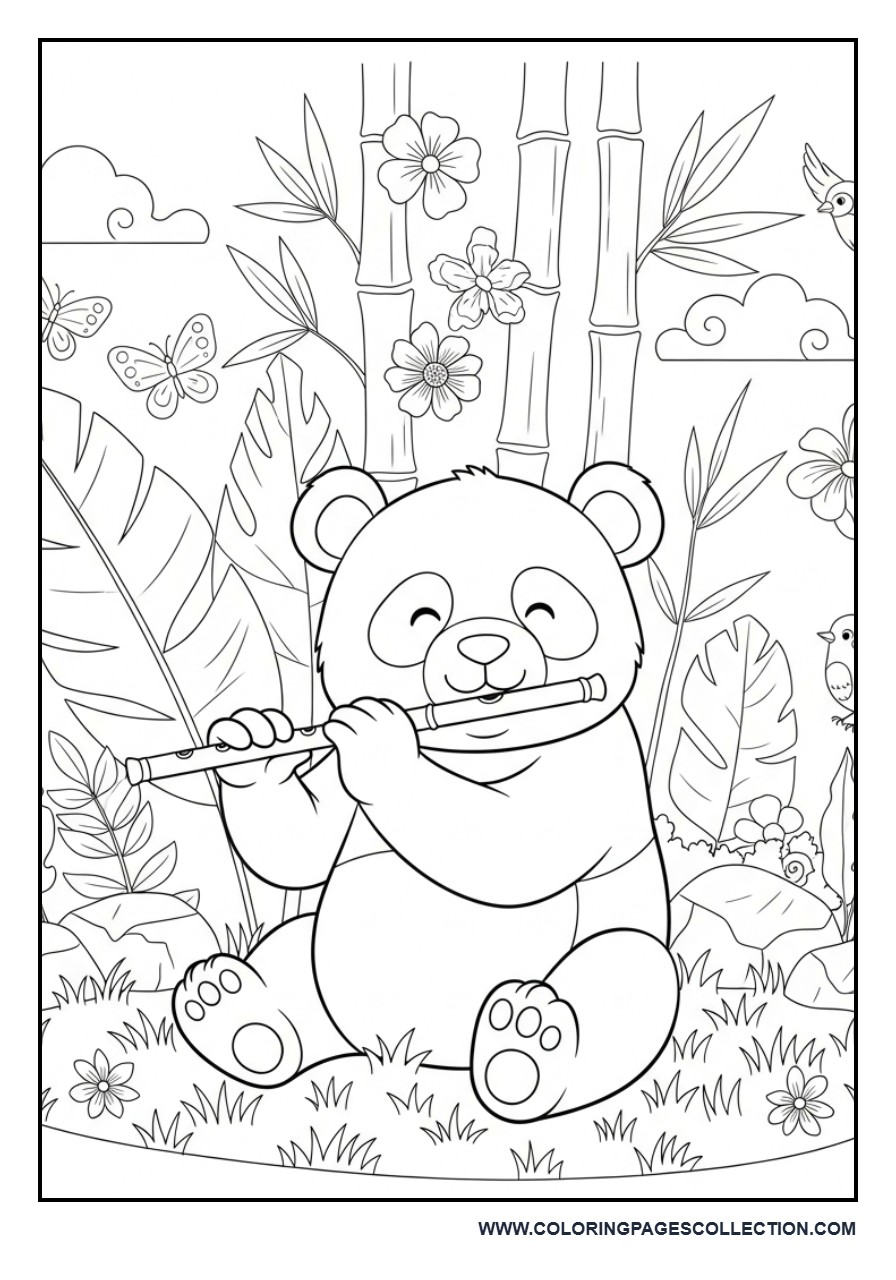 Happy Panda Playing Bamboo Flute Coloring Page