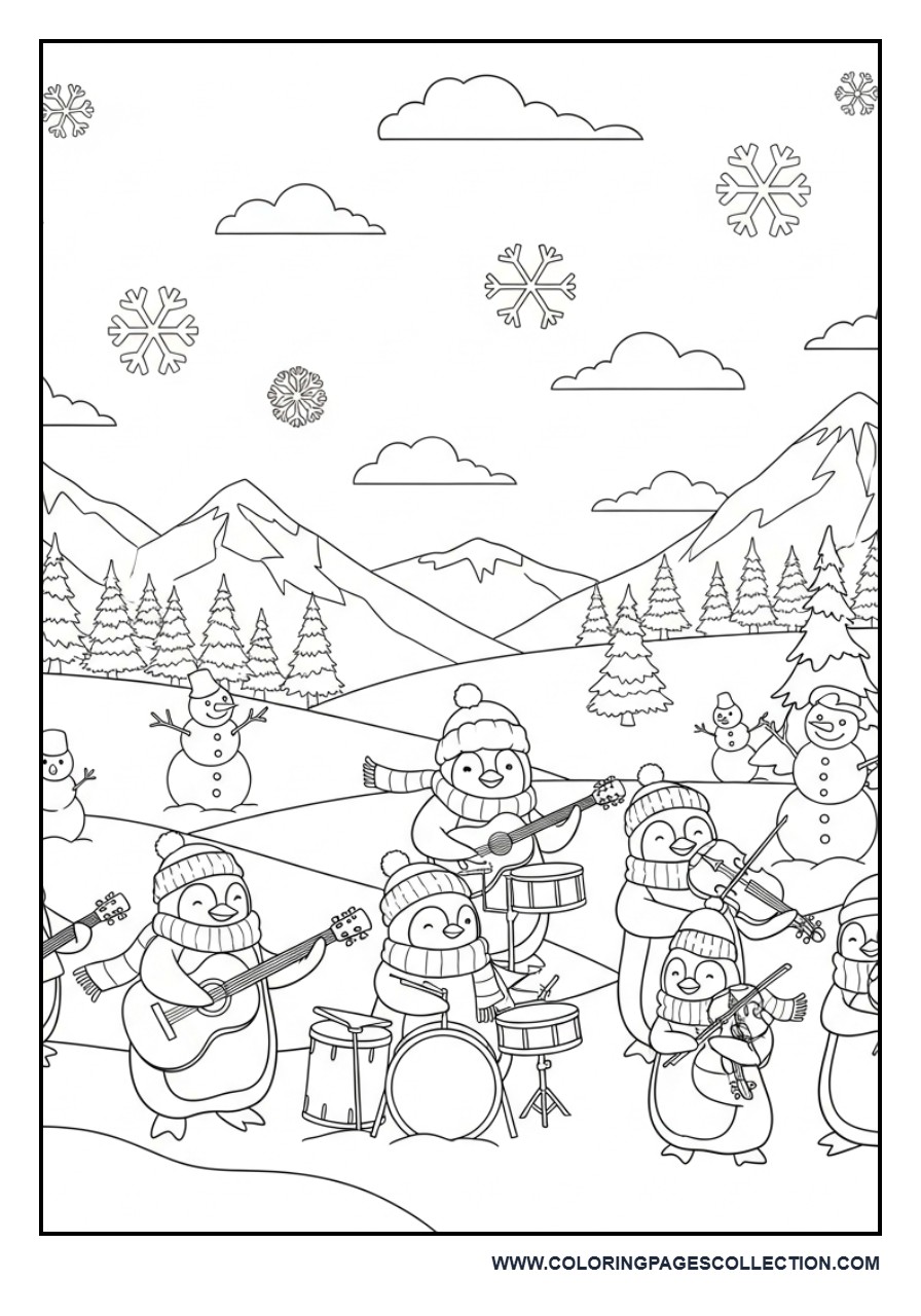 Happy Penguin Winter Concert Coloring Page
