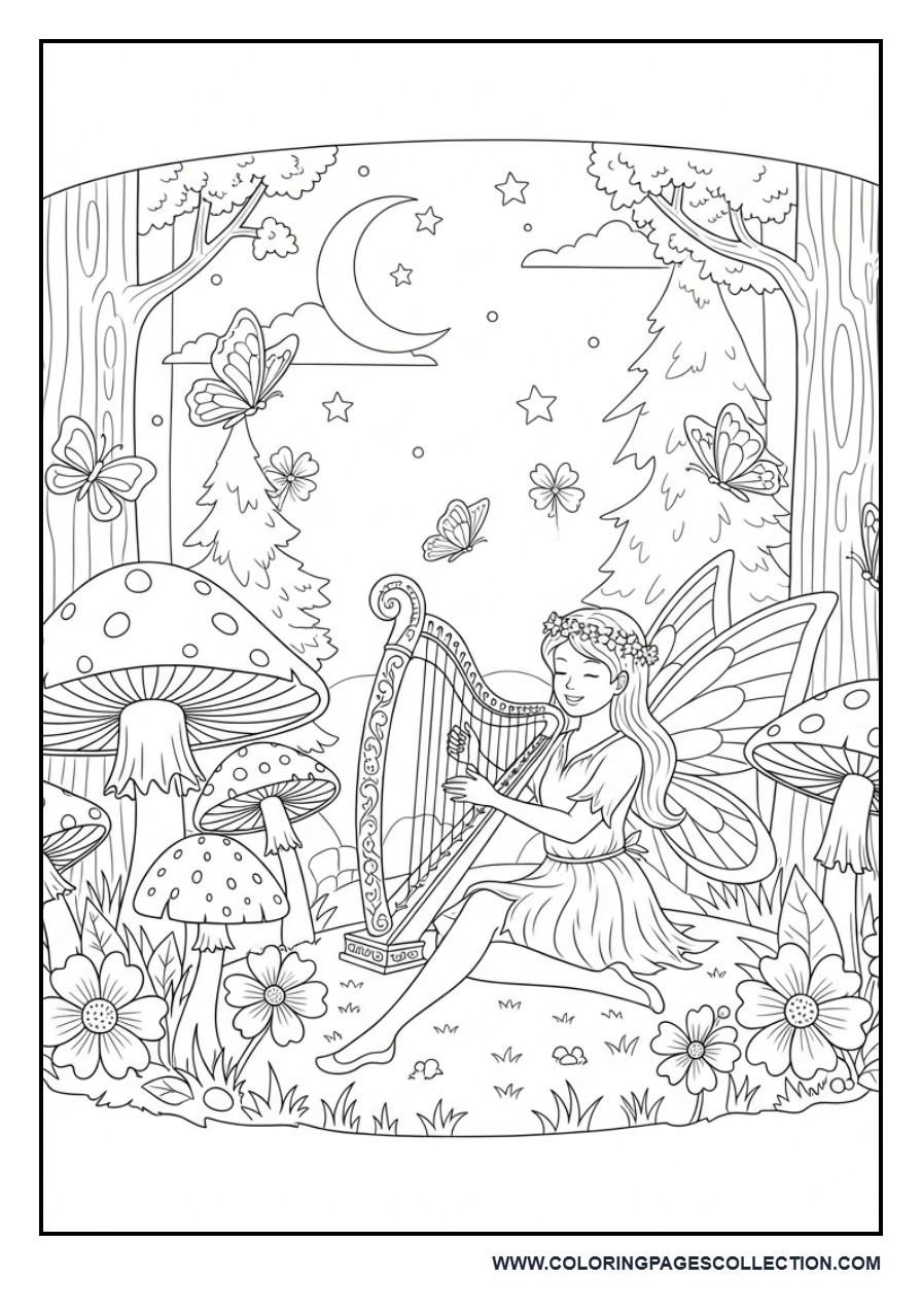 Harp Fairy Music Coloring Page