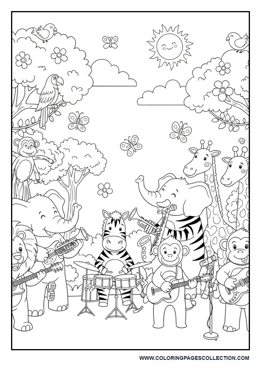 Jungle Animal Music Festival Coloring Page