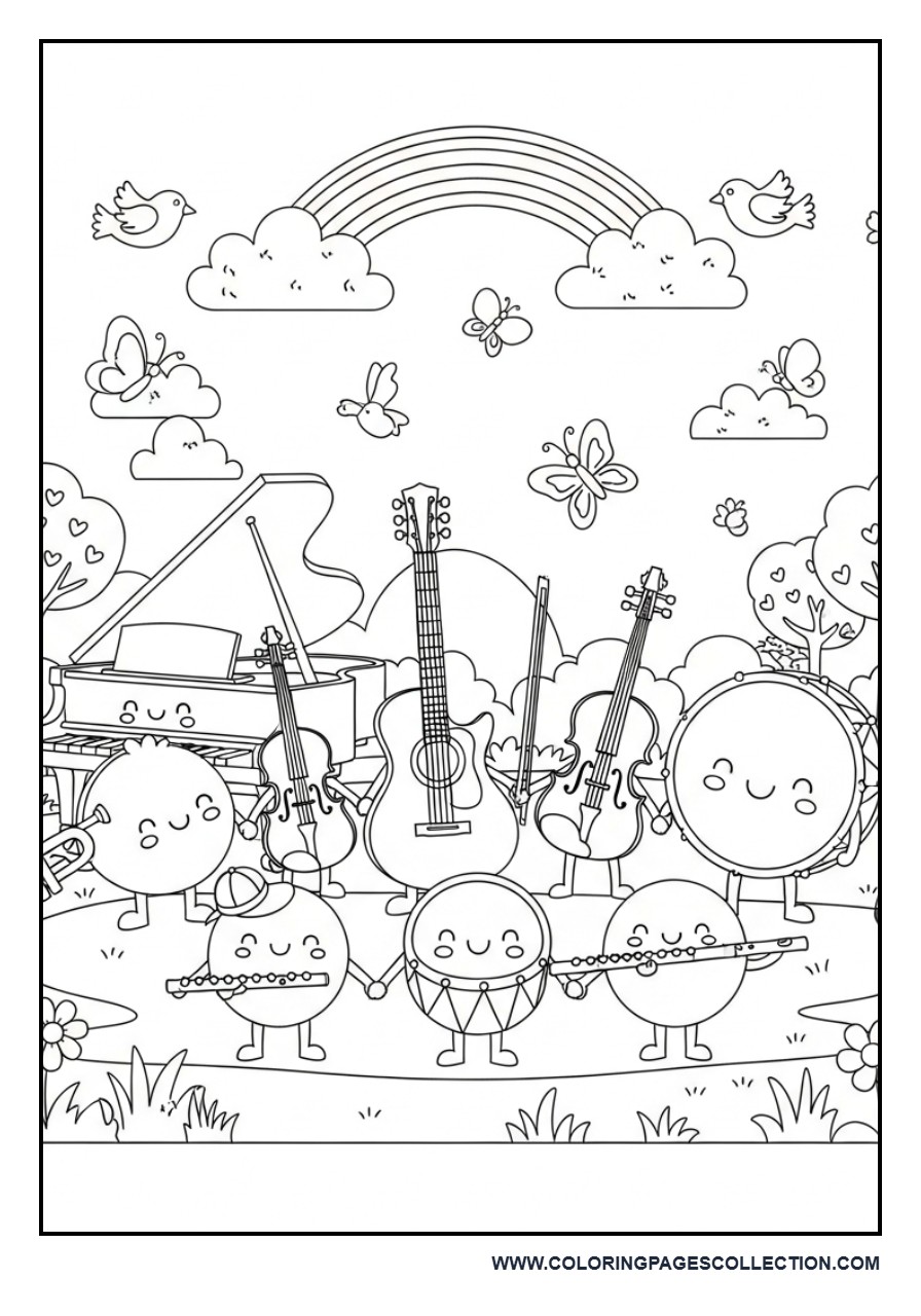 Kawaii Musical Instruments Coloring Page