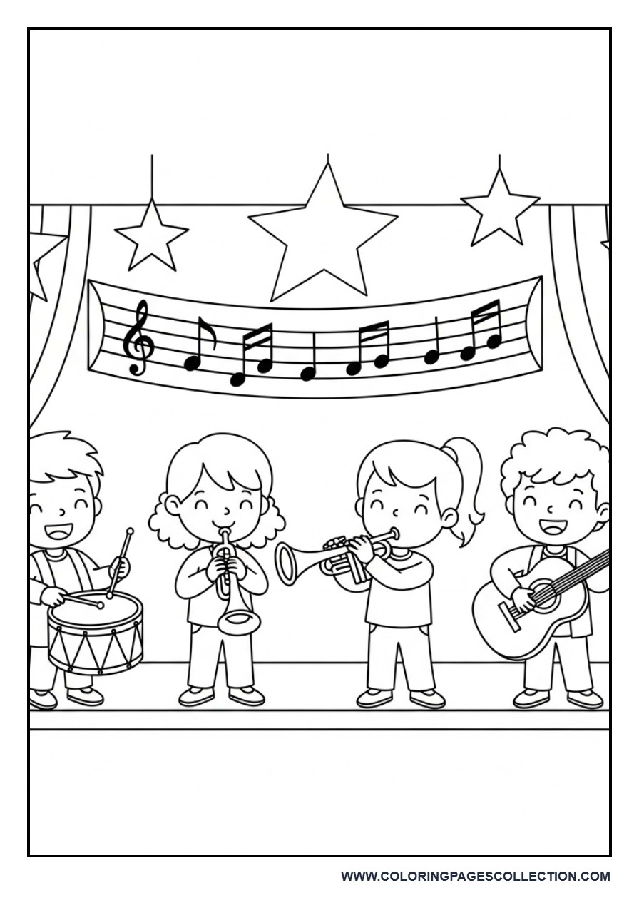 Kids Playing in a School Band Coloring Page