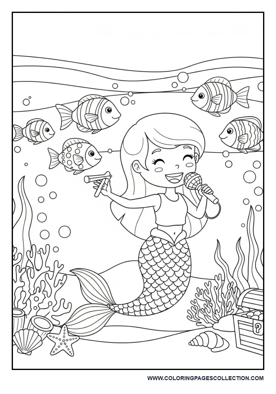Mermaid Singing Underwater Coloring Page
