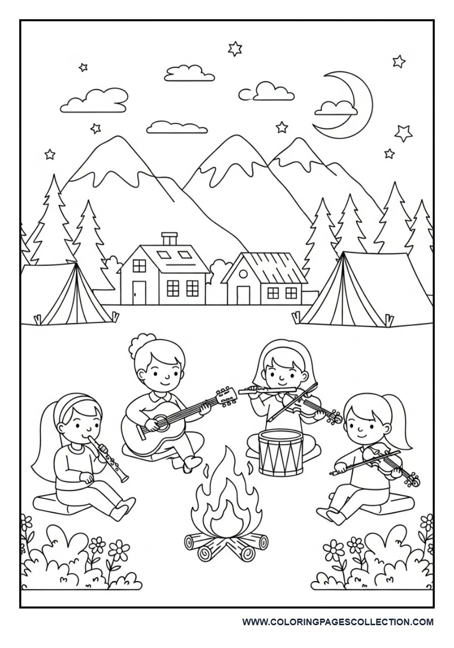 Music Around the Camp Village Coloring Page