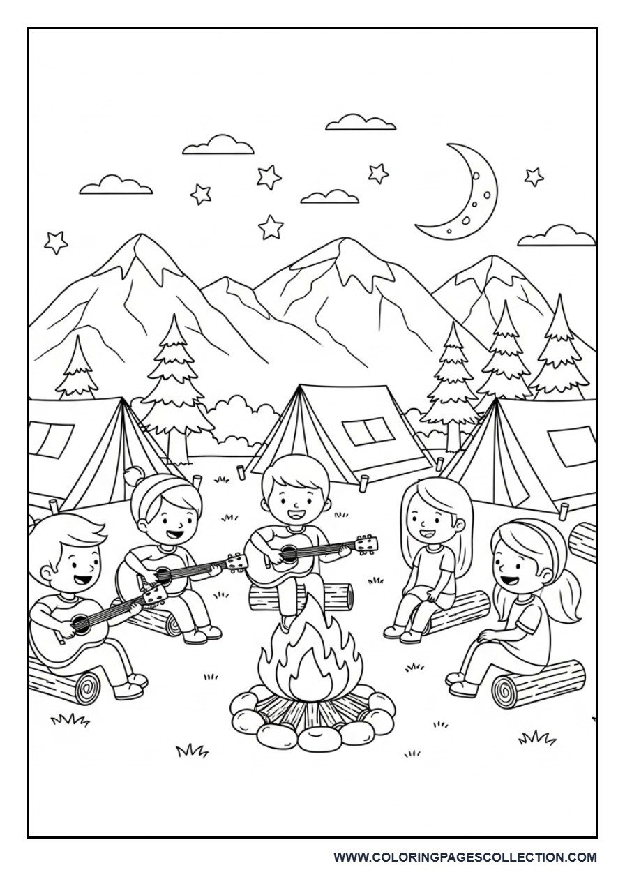 Music Campfire Sing-Along Coloring Page