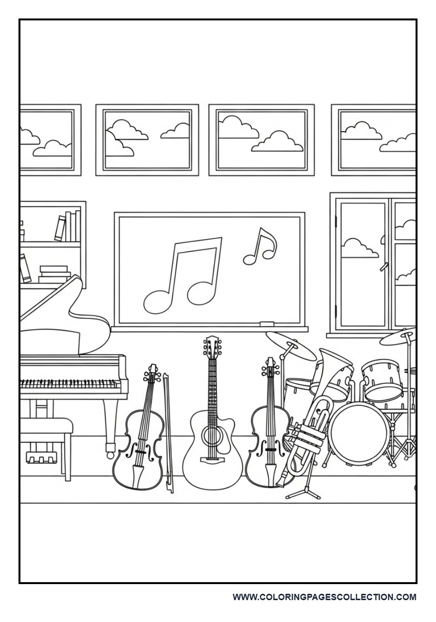 Music Classroom Instrument Collection Coloring Page