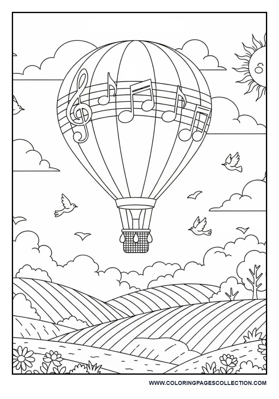 Music Notes Hot Air Balloon Coloring Page