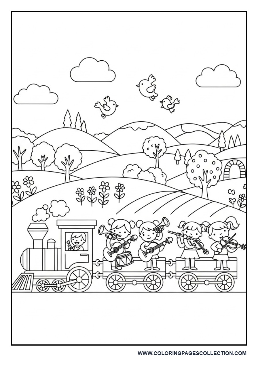Music Train Adventure Coloring Page