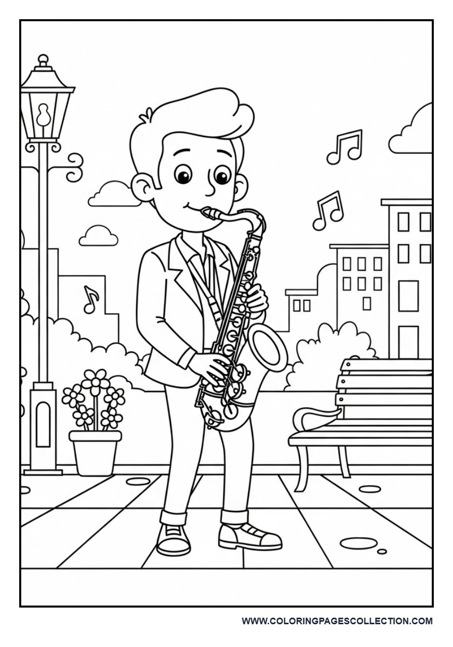 Saxophone Street Musician Coloring Page