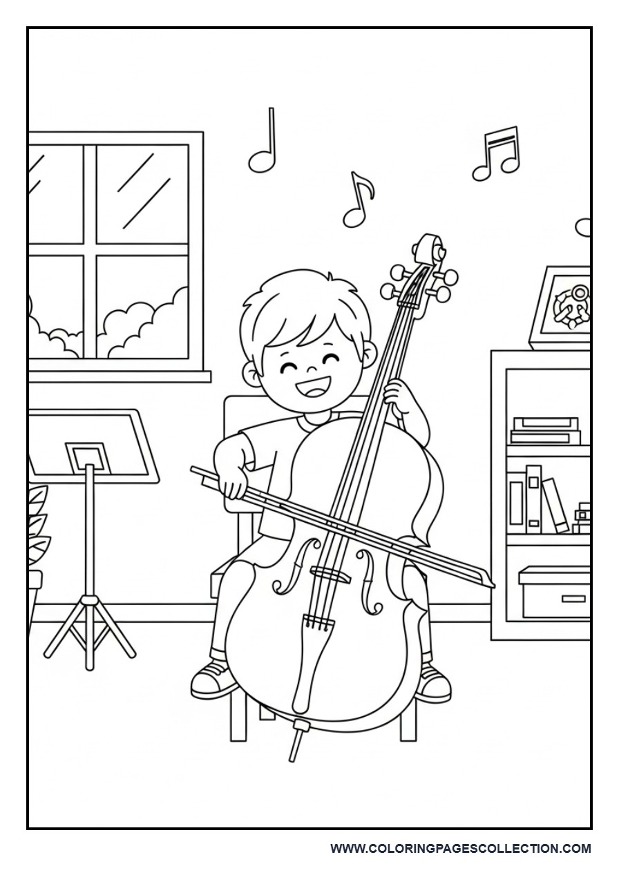 Smiling Cello Player Coloring Page
