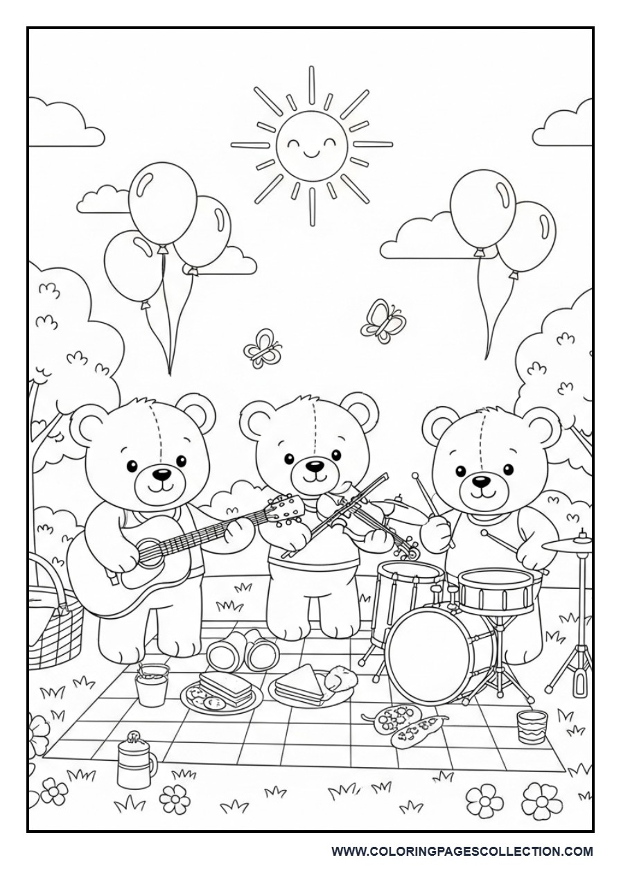 Teddy Bear Music Party Coloring Page