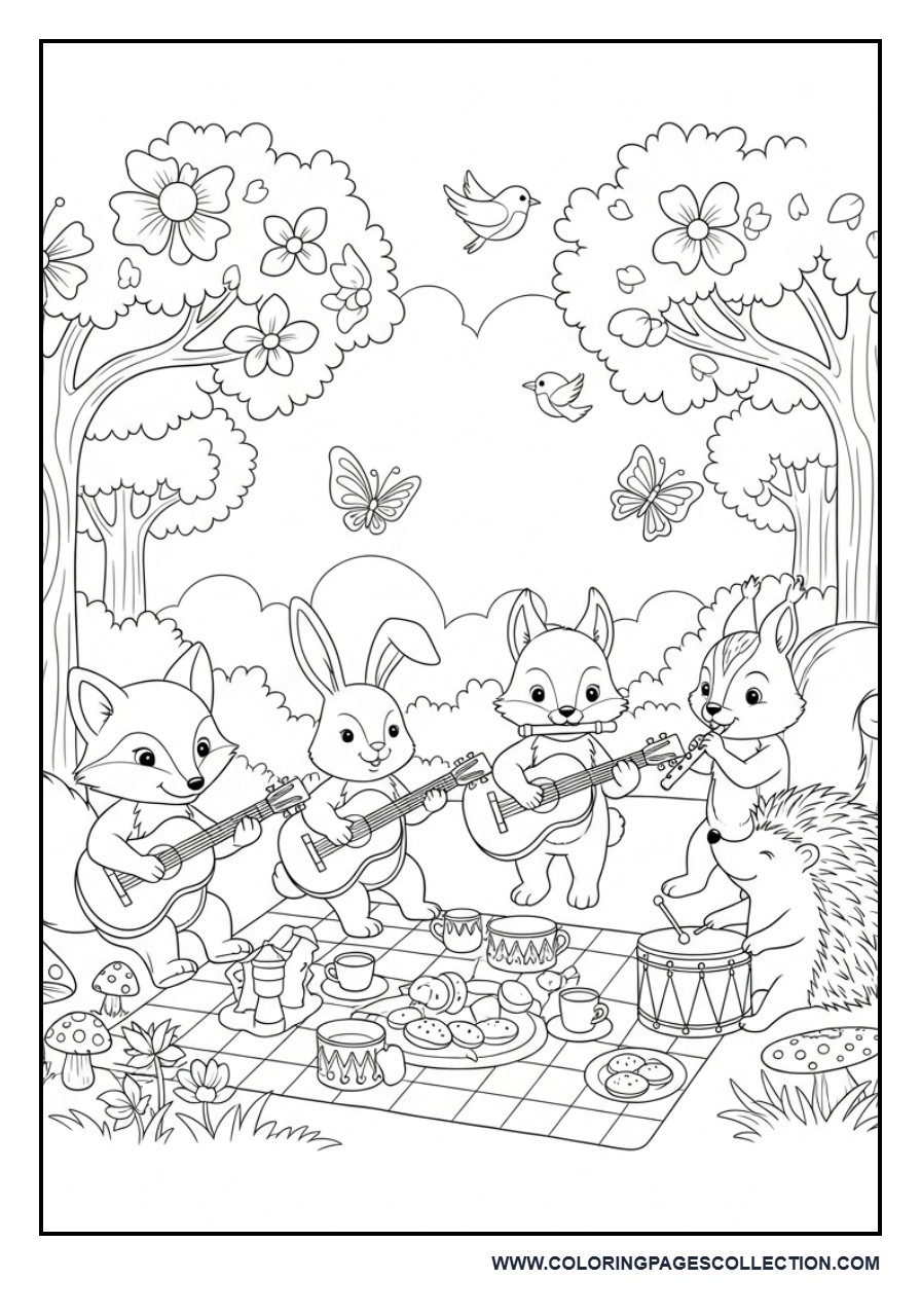 Woodland Music Picnic Coloring Page